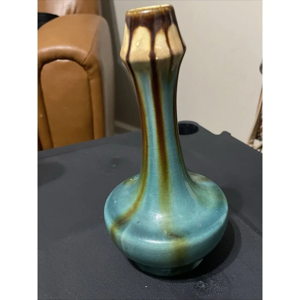Belgium Made Drip Glaze Art Pottery Thin Bud Vase Hand Made Mid-Century